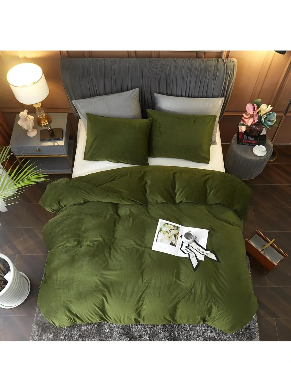 Plush Velvet Olive Green Velvet Duvet Cover Comforter Set - Luxury Home Bedding